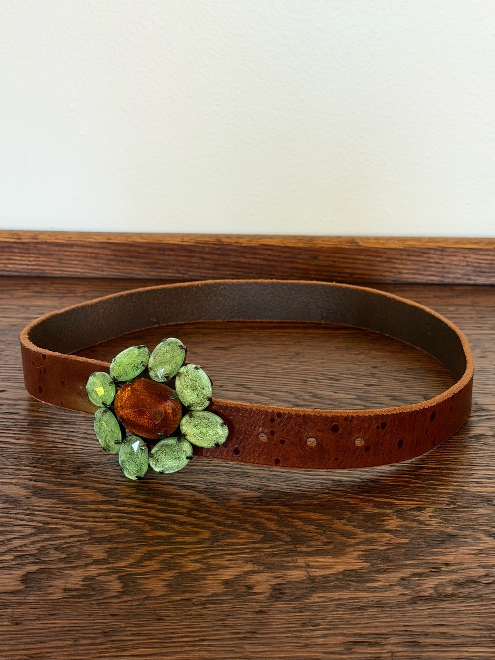 Cydwoq Brown Leather Belt with Green Buckle Gem, 38” L